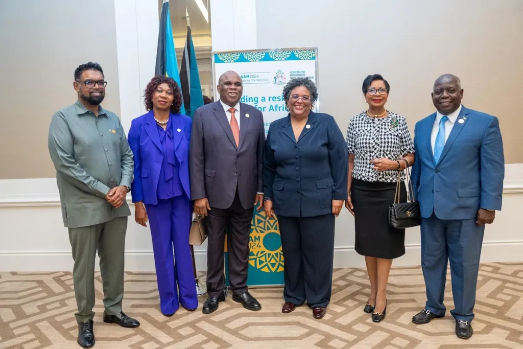 Irfaan Ali, president of Guyana; Chinelo Oramah, spouse of professor Benedict Oramah, president and chairman of the board of directors of Afreximbank; professor Benedict Oramah; Mia Mottley, prime minister of Barbados; Bahamas first lady Ann Marie Davis; and Bahamas Prime Minister Philip E. Davis (Courtesy photo)